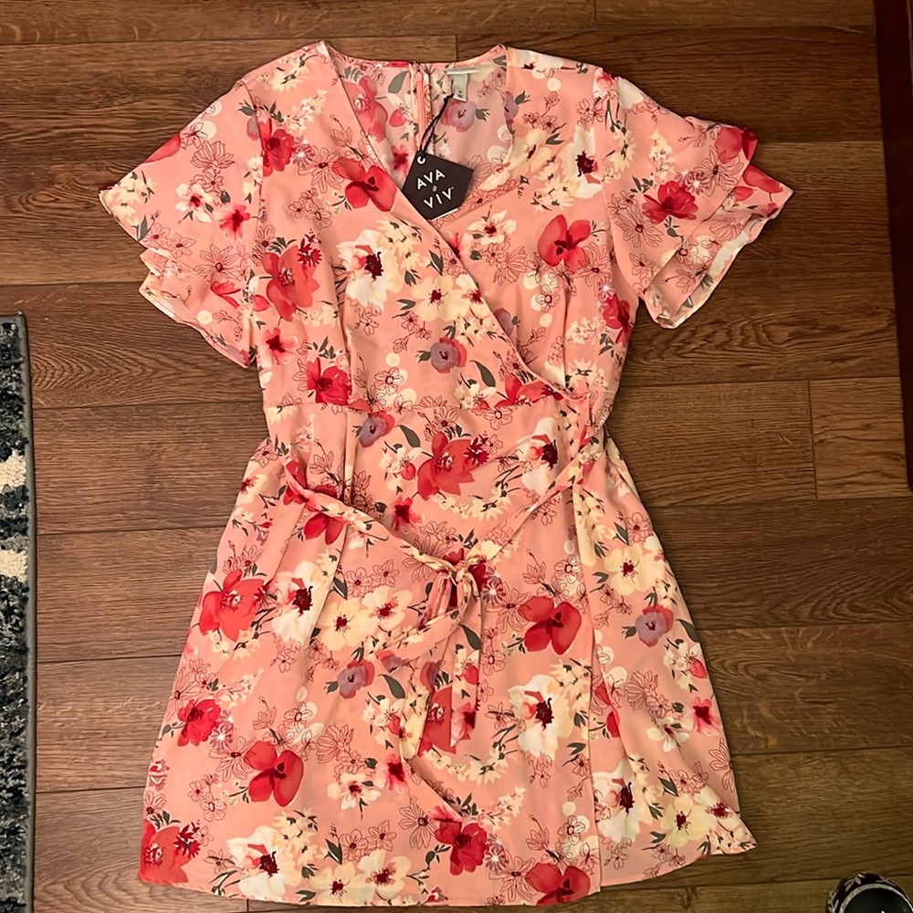 NWT Ava & Viv 2X Faux Wrap Floral Midi Dress